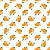 Seamless bright spring and summer pattern with oranges and slices on a white background. A set of citrus fruits for a healthy lifestyle. Vector flat illustration of healthy food