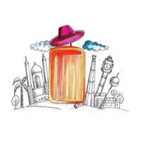 Watercolor luggage with sketch city and hat travel design