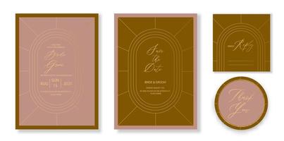 Vector art deco and arabic vintage wedding invitation template set with gold color frame line style and double arch for party, greeting card.