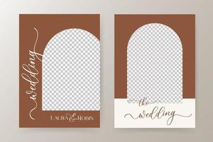 Modern Burnt orange Color Arch wedding invitation template with calligraphy and place for photo. vector