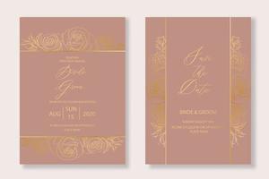 plantilla de invitación de boda botánica con flores de rosas doradas dibujadas en boceto para la fiesta, tarjeta de felicitación. vector