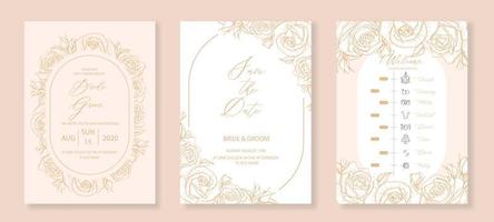 invitación de boda botánica, guarde la tarjeta de fecha y la plantilla de línea de tiempo con flores de rosas dibujadas y arco para fiesta, tarjeta de felicitación. vector
