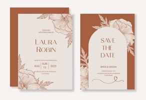 Botanical wedding invitation template set with sketch drawn poppy flower and arch for party, greeting card. vector