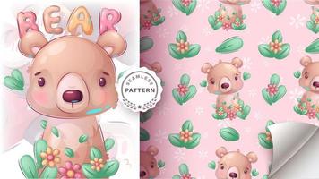 Cartoon character adorable bear, pretty animal idea for print t-shirt, poster and kids envelope, postcard. Cute hand drawn style bear - seamless pattern