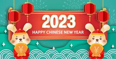 Chinese new year 2023 year of the rabbit banner in paper cut style. vector