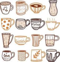 colección de diferentes copas de garabatos decoradas con elementos de diseño. conjunto vectorial de tazas de colores, llenando bebidas en aislamiento de colores cálidos amarillos y marrones vector