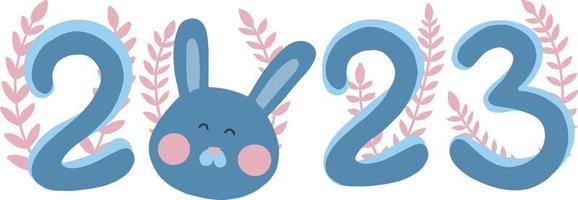 2023 year of Hare. Large blue numbers with bunny and pink leaves. Chinese New Year symbol, festive greeting card. Vector illustration isolated on white background