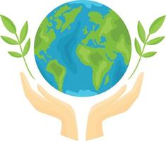 Hands holding globe, earth with small leaves. Earth day concept. Earth day vector illustration for poster, banner, print, web.