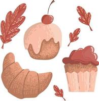 Vector cozy fall set with cream cake with cherries, croissant, cupcake and oak leaves. Hand-drawn doodles in red and orange tones