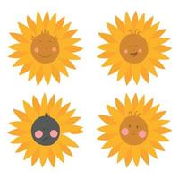 Vector set of illustrations - 4 drawings of a sunflower with different faces and emotions. Children's drawing concept