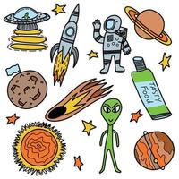 conjunto de dibujos infantiles sobre el tema del espacio y extraterrestres, planetas, cometas, cohetes, estrellas. concepto del día de los astronautas vector