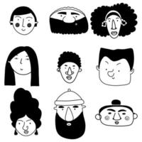 colección de caras lindas y diversas dibujadas a mano en blanco y negro. iconos de personas estilo garabato para diseño, pegatinas, impresiones vector