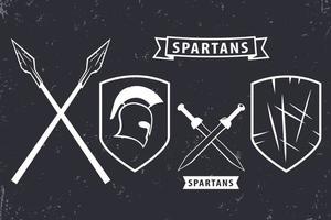 Spartans. Elements for emblem, logo design, spartan helmet, crossed swords, spears, shield, vector illustration
