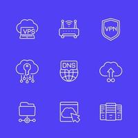 hosting, dns and vpn line icons set vector