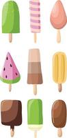 Vector set of 9 popsicles, chocolate, raspberry, strawberry, lemon and other different flavors. Decorative elements isolated on white background