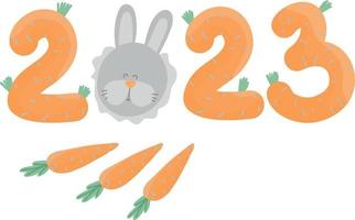 2023 year of Hare. Large orange numbers like carrots with gray bunny. Chinese New Year symbol, festive greeting card. Vector illustration isolated on white background