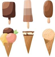 conjunto vectorial de 6 helados de chocolate, esquimal y cono, chocolate y fruta. elementos decorativos aislados en blanco vector