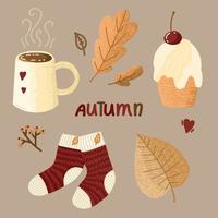 acogedor otoño. conjunto de lindos elementos otoñales: calcetines de punto, bebida caliente, pastel, hojas de otoño. idea de comodidad y estilo de vida cómodo, estado de ánimo de invierno u otoño vector