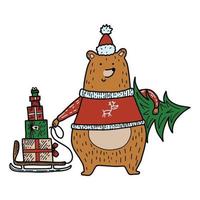 Cute doodle-style bear in a red hat and sweater holding a green Christmas tree and a sled with gifts vector