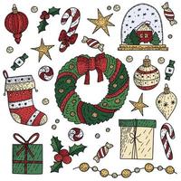 Doodles Christmas elements. Color vector items. Illustration with new year decor. Design for prints and cards
