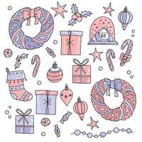 Doodles Christmas elements. Color vector items. Illustration with new year decor. Design for prints and cards