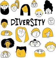 Collection of cute and diverse hand drawn faces in black, yellow and white. Doodle-style people icons for design, stickers, prints vector