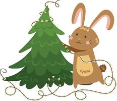 Vector brown bunny decorates Christmas tree with big yellow garland. Symbol of the Chinese New Year 2023