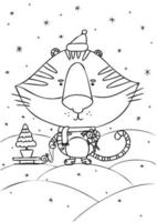 Vector coloring with a tiger in a hat holding a sled. Black and white illustration for children, drawn in cartoon style. Illustration for design, prints and patterns. Isolated on white background