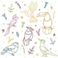 Set of bright tropical fantasy birds of paradise in doodle style with floral and vegetal ornaments. Collection for stickers, patterns, decor, prints vector