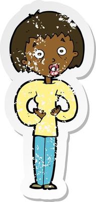 retro distressed sticker of a cartoon woman gesturing at self
