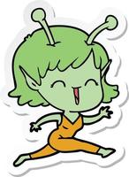 pegatina de una chica alienígena de dibujos animados riendo vector