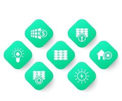 Solar energy, panels, alternative energetics and renewable energy use icons set, green on white, vector illustration