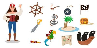 A set of pirate items. greeting of the pirate character of a girl in a suit, in a bandana. vector