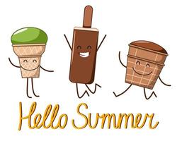 A postcard with the characters of a cheerful ice cream with the inscription hello summer. vector