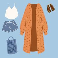 A set of boho outfits and various boho elements. Fashionable clothes, bag, top, shorts, jacket, shoes. vector