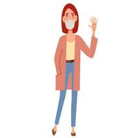 A fashionable skinny girl in a medical mask greets. Friendly greeting of a young woman. vector