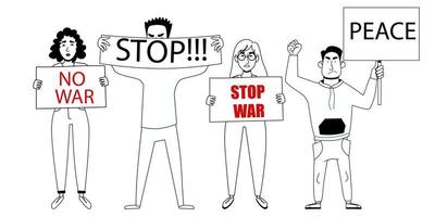 Protesting crowd of people with posters No to war. vector illustration