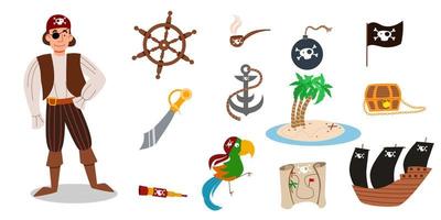 A set of pirate items. a pirate character in a suit, in a bandana and with an eye patch. vector