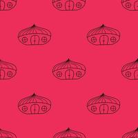 Seamless vector pattern of contour houses in the style of doodles on a crimson background.