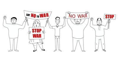 Protesting crowd of people with posters No to war. vector illustration