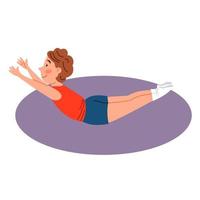 Childrenes sports gymnastics. The boy is lying in the boat pose. Exercises for the back. vector