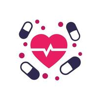 pastillas y corazón, icono de medicación cardíaca en blanco vector