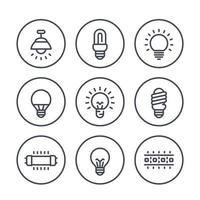 lighting, light bulbs line icons on white, LED, CFL, fluorescent, halogen lamps and led strip vector