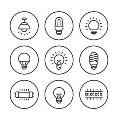 lighting, light bulbs line icons on white, LED, CFL, fluorescent, halogen lamps and led strip