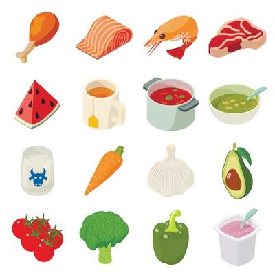 Food icons set, isometric style