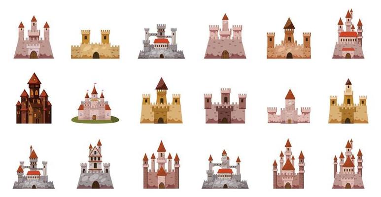 Medieval castle icon set, cartoon style