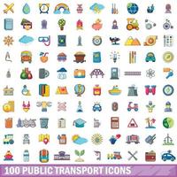 100 iconos de transporte público, estilo de dibujos animados vector