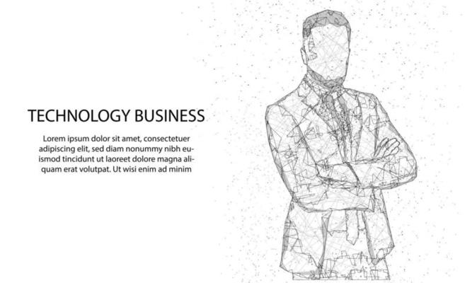 Abstract man portrait by high tech businessman on polygon from dotted lines and dark background blue line shapes.