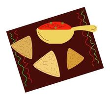 Tazón de salsa, bocadillos, salsa, chile, nachos, lima, tomates, con ingredientes. comida tradicional mexicana, ilustración de vector de estilo de dibujo de garabato sobre fondo blanco.