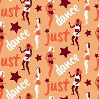 Just dance script dancing girls and star disco seamless pattern, moving woman bodies abstract background vector illustration